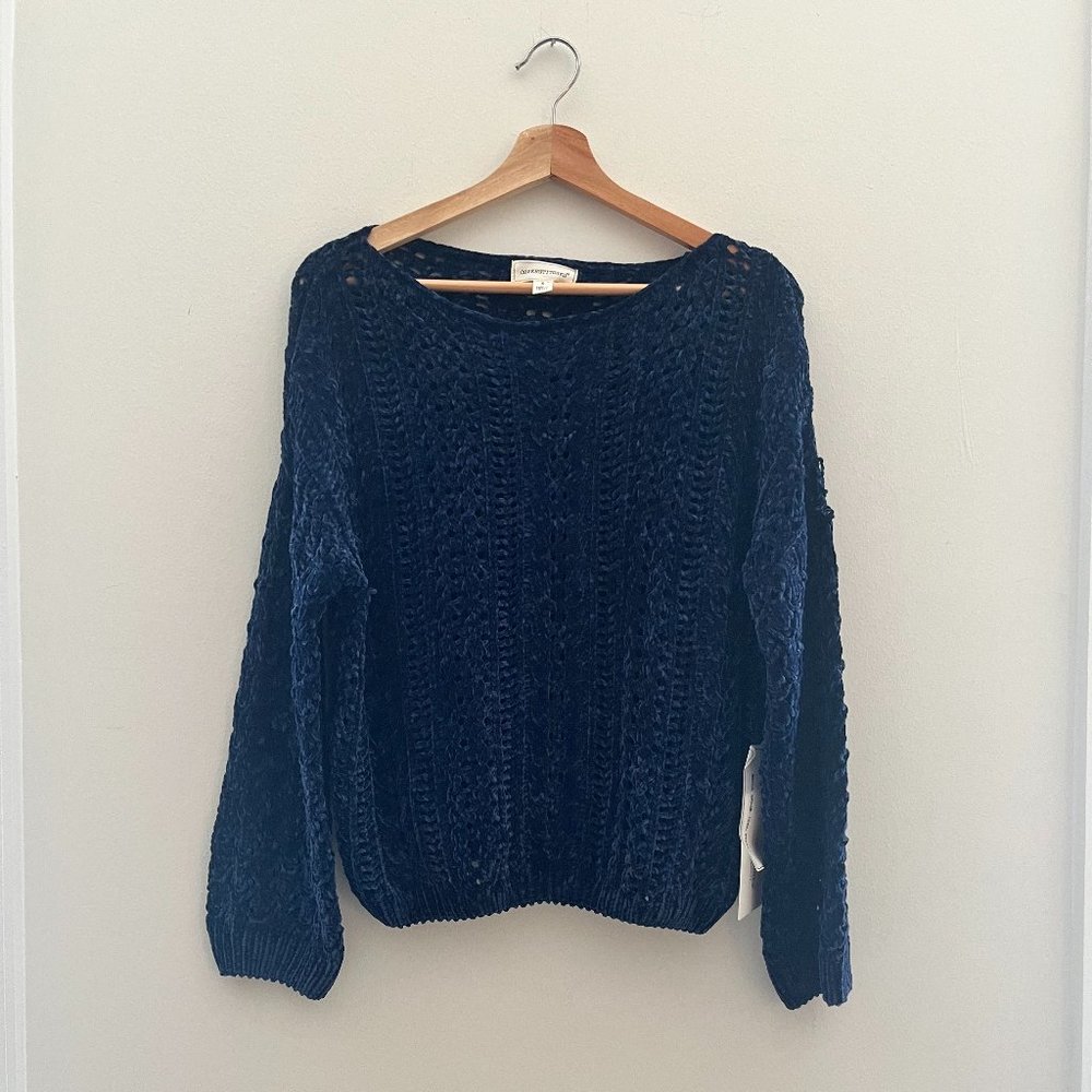 Coverstitched navy open knit sweater
